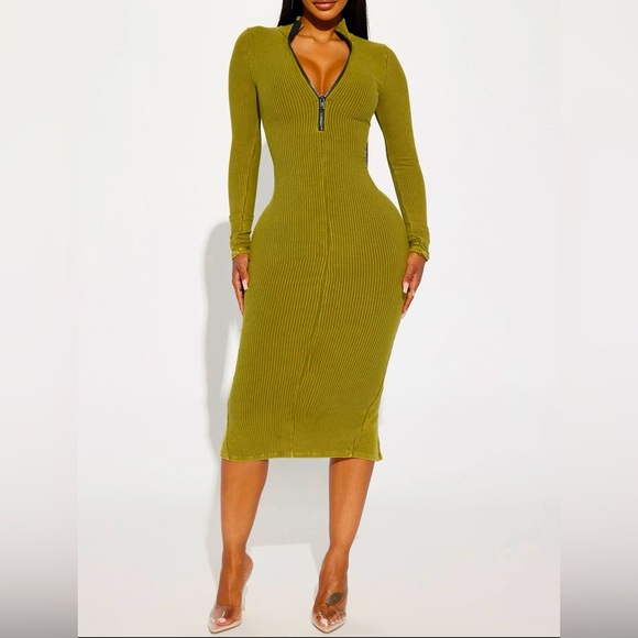 Mineral Wash Midi Dress -Green - Picture 1 of 3